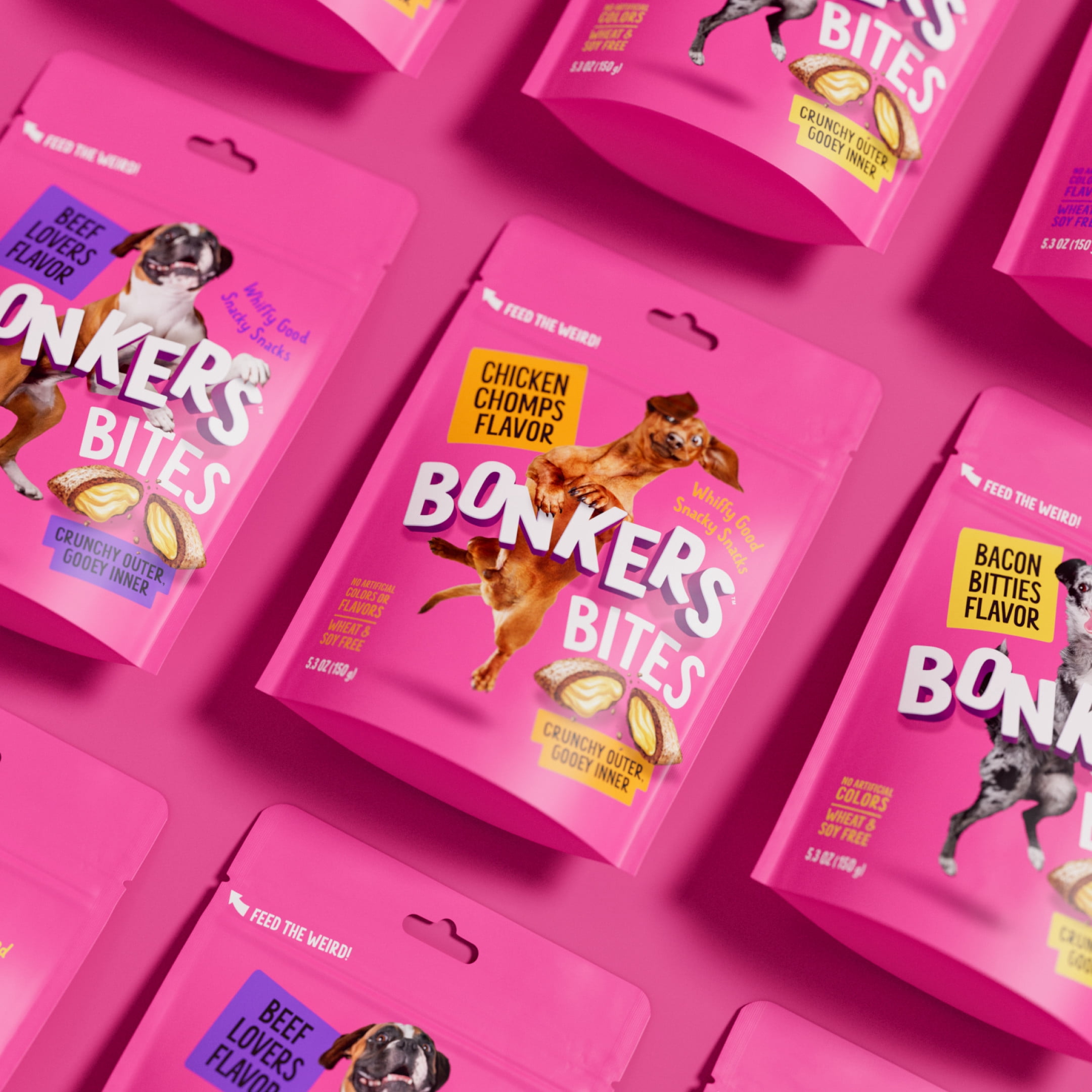(6 pack) BONKERS Bites Chicken Chomps Flavor Crunchy & Soft Treats for Dogs, 5.3oz Bag