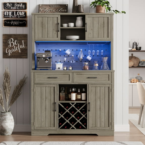 Vipuse 72" Coffee Bar Cabinet with Power Outlet & LED Light, Farmhouse Large Kitchen Hutch with Sliding Barn Door, Tall Cabinets with Storage Drawers & Wine Glass Rack,Pantry Cabinet for Home,Grey