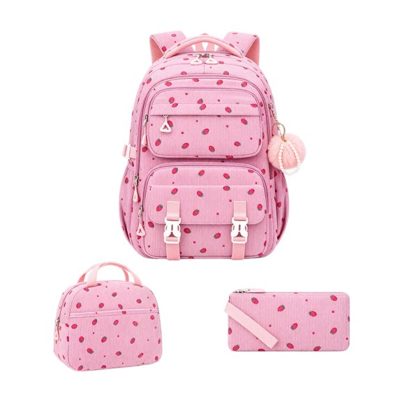 Corduroy Backpack Set 3 Piece, Pink School Bag for Teen Girls, Large Capacity Printed Bookbag with Crossbody & Pencil Case, Retro Travel Gift