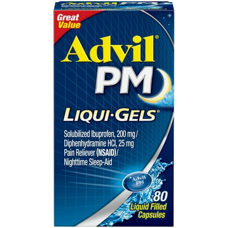 Childrens Ibuprofen Pain Reliever - Advil PM (80 Count) Pain Reliever / Nighttime Sleep Aid Liquid Filled Capsule, 200mg Ibuprofen, 38mg Diphenhydramine