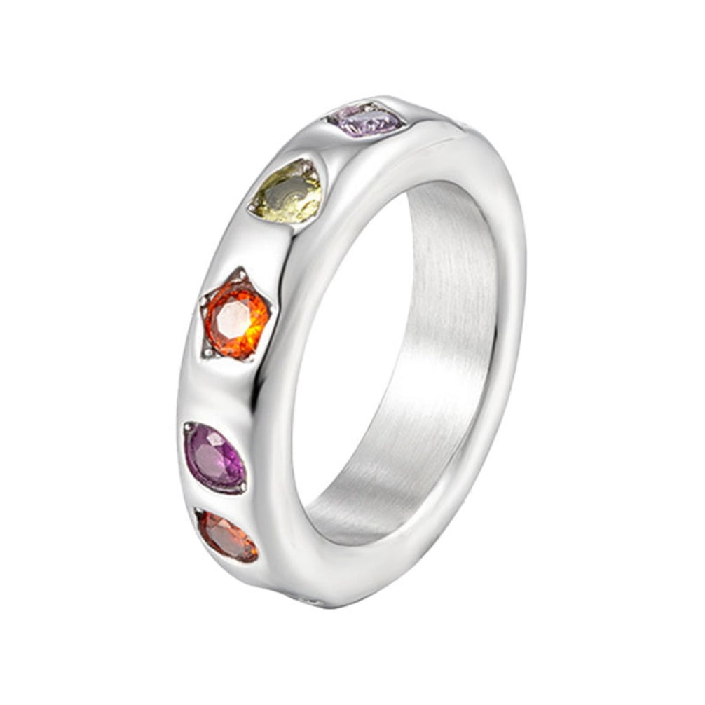 HIRPLIS Colorful Rings for Women Multi Stone Band Cubic Zirconia Stone Stainless Steel Mixed Gypsy Boho Rainbow Statement Vintage Personalized Gift Jewelry Silver 5mm 9