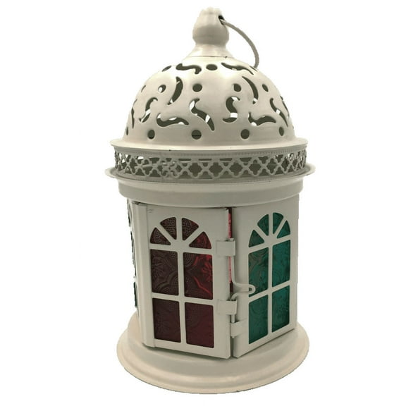 Moroccan Style Candle-lantern Battery operated LED Light Black Temple Lantern Egyptian Ramadan Light Vintage Style Candle Lantern Decor White 9"x5" with Free LED Bulb