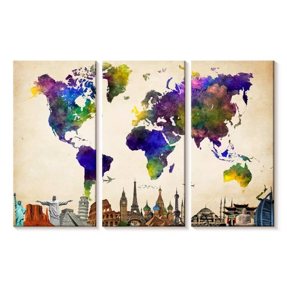 Elephant Stock Rainbow Grunge World Map Wall Art - Horizontal Multi Panel Canvas - Living Room Wall Decor - Map Multi Panel - Blue And Green Decor - 23" x 14"