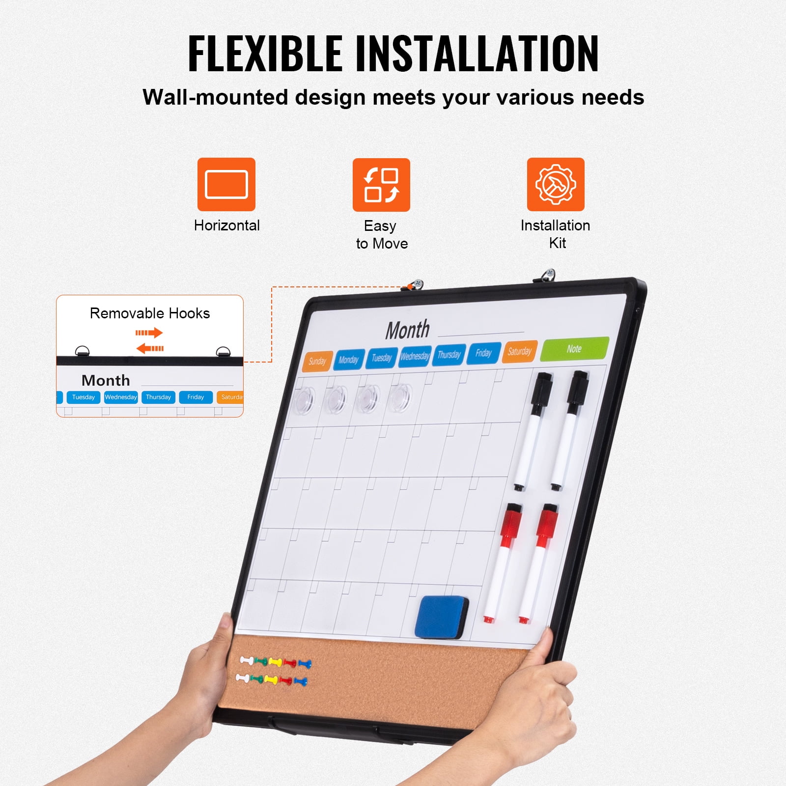KFFKFF 24"x 18" Dual-Function Board – Magnetic Whiteboard Calendar & Cork Bulletin, Framed in Aluminum – Wall-Mounted for Home, Office, or Educational Settings