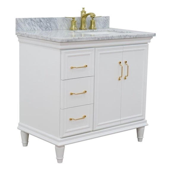 37 in. Single Wooden Vanity  White White Carrara Rectangle Right Door.Right Sink