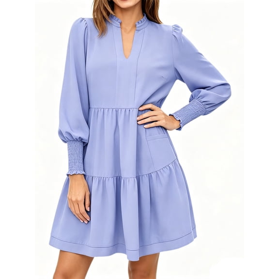 Casual V Neck Loose Womens Ruffle Tiered Long Sleeve Tunic Dress