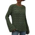 thumbnail image 3 of hirigin Women Trendy Hollow-Out Tops, Crochet Solid Color Crew Neck Long Sleeve Knitted Tops with Flare Cuffs for Ladies, S/M/L/XL, 3 of 9