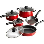9-Piece Non-Stick Cookware Set, Stay-Cool Handles and Heat Shatter-Resistant Tempered Glass Lids, Pots and Pans (Red),