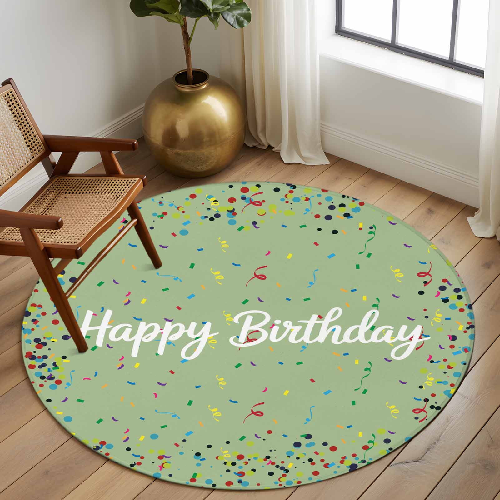 Happy Birthday Large Area Rugs for Bedroom Living Room, Soft Non Slip Carpet Bedside Rug, Sage Green Modern Abstract Art Round Floor Cover Kitchen Accent Rug 8' for Dining Room/Office