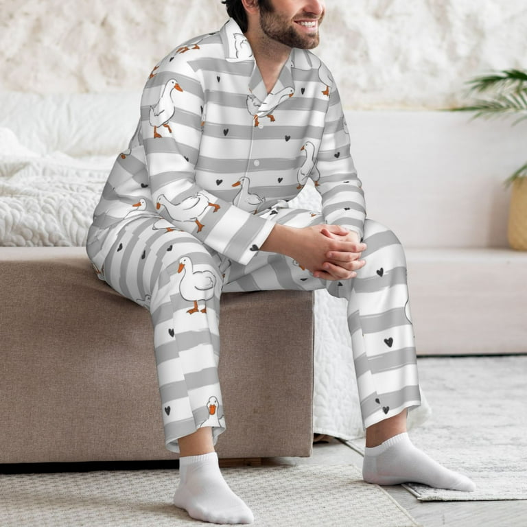 Mens Pajamas Set Striped Cartoon Cute Duck Soft Comfy Long Sleeve Button Up Pajama Sets for Men 2 Piece Sleepwear Nightwear Pjs Lounge Sets for Men with Pockets Walmart