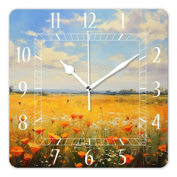 12 Inch Wall Clock Battery Operated Square Clock Decorative for Office, Kitchen, Outdoor, Living Room，Flowers Paintings Landscape Drawing