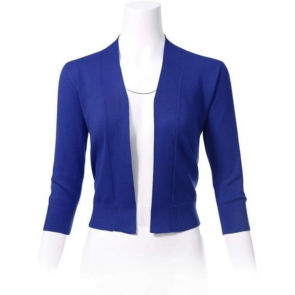 Cielo Women's 3/4 Sleeve Solid Open Front Cropped Bolero Shurug Light Cardigan