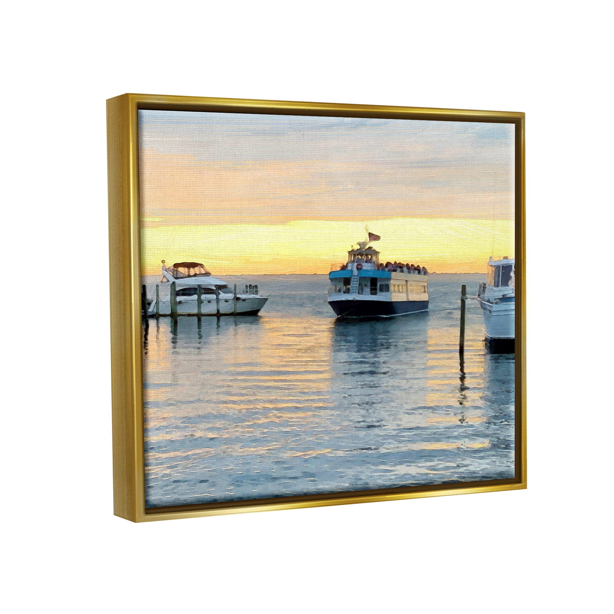 Stupell Industries Ferry Boat Sunlit Sea Harbor Coastal Photography Gold Floater Framed Art Print Wall Art