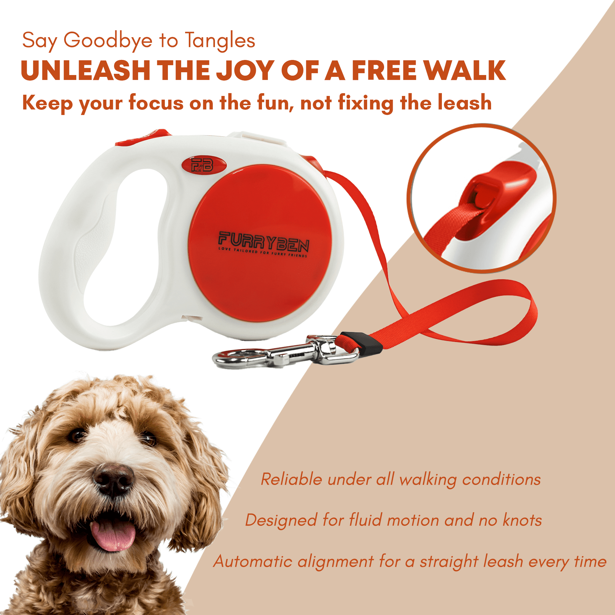FURRYBEN Retractable Dog Leash | 16 ft Strong Nylon Tape | One-Click Brake, Pause, Lock (Blue)
