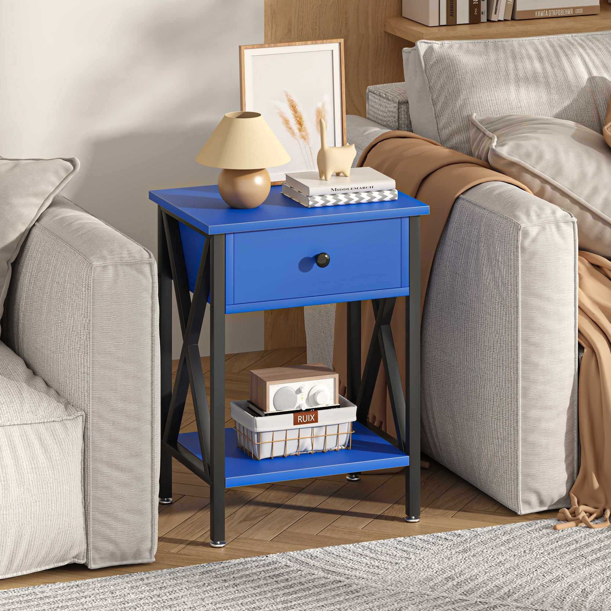 VECELO Industrial Nightstand, Set of 2, Dark Blue