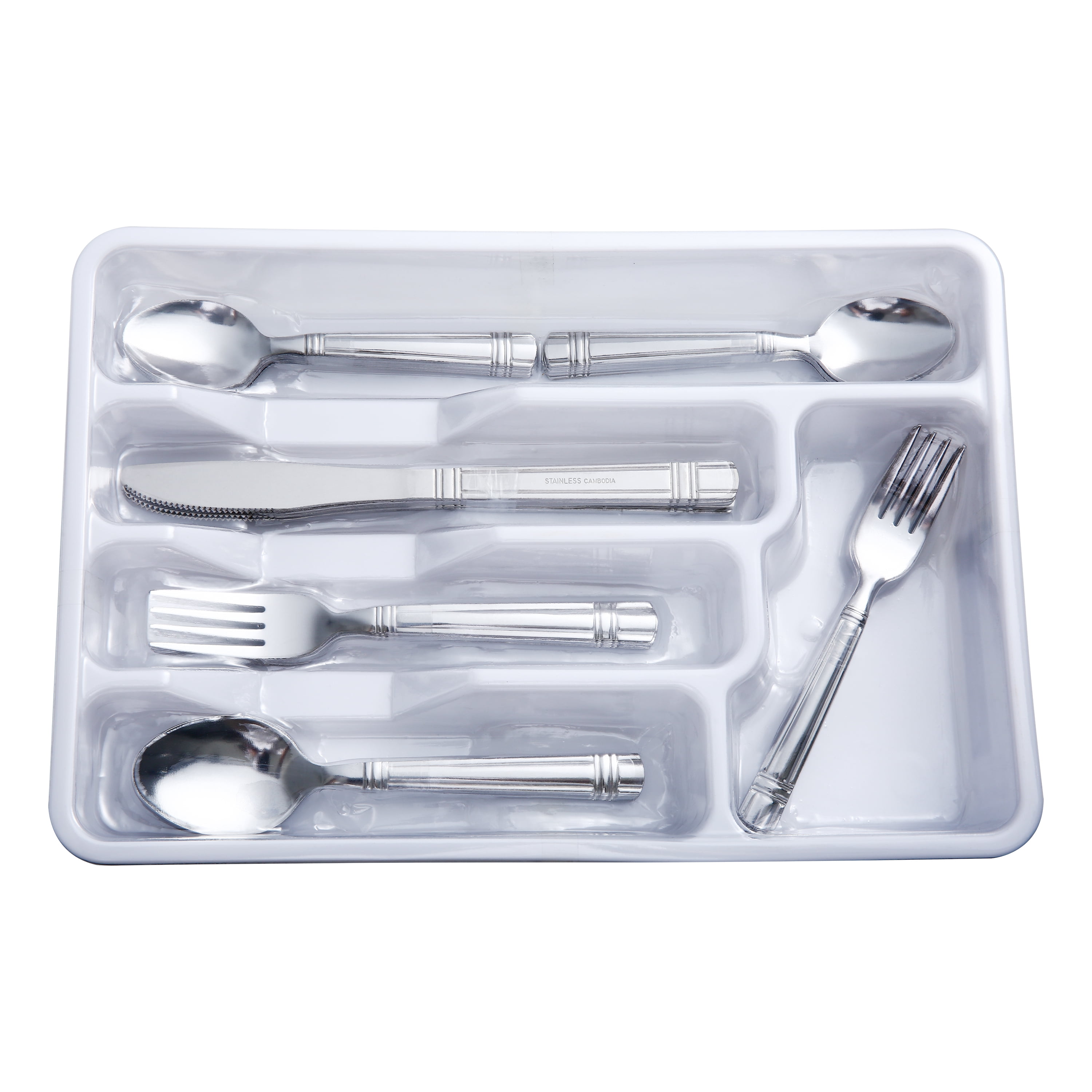 Mainstays 49 Piece Elena Adult Stainless Steel Flatware and Organizer Tray Value Set Silver, Service for 8