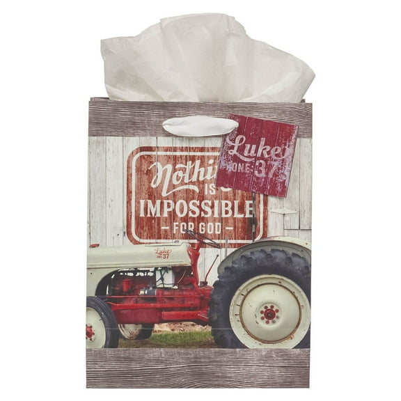 Christian Art Gifts Medium Portrait Inspirational Scripture Gift Bag, Tag & Wrapping Tissue Paper Set for Men & Women: Nothing is Impossible Encouraging Bible Verse, Wooden Brown & Red Tractor Theme