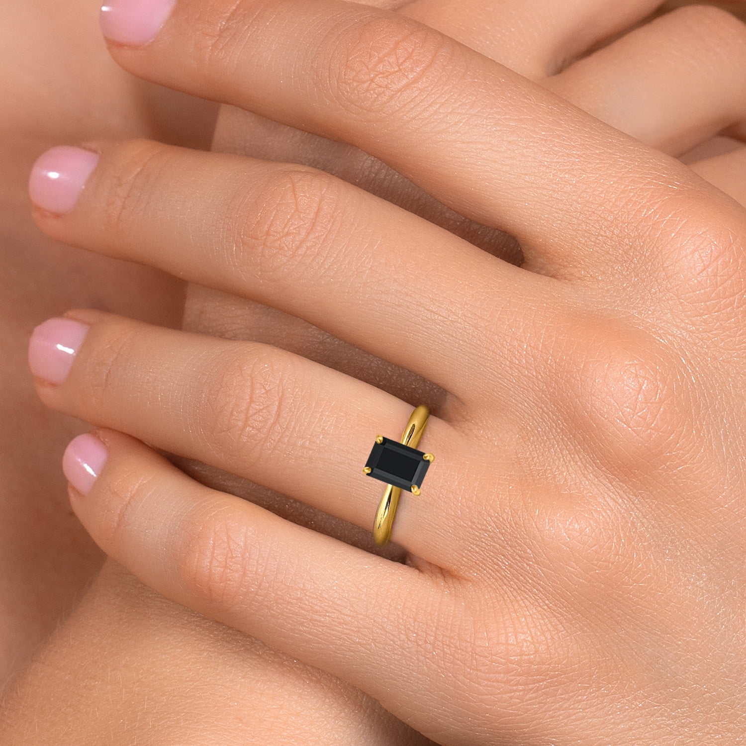 Gem Stone King 10K Yellow Gold Black Onyx Engagement Ring for Women | 0.56 Cttw | Emerald Cut 6X4MM | Gemstone December Birthstone | Wedding Engagement Anniversary Promise Ring for Women | Size 5
