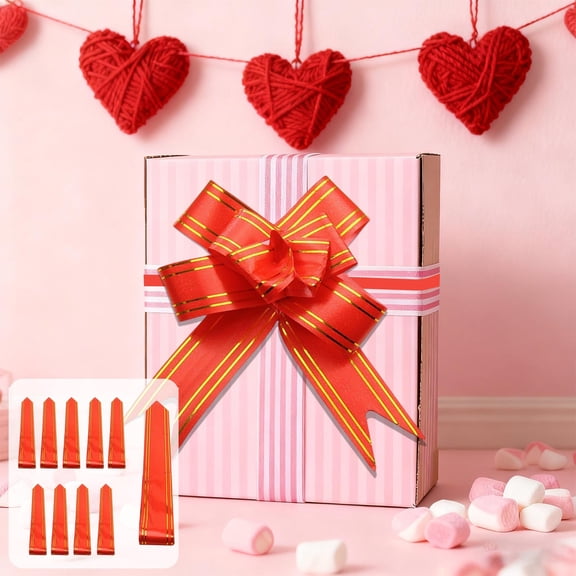KOYPTL 10-Pack Large Pull Bow Valentine's Day Decorations 28 Inch 73cm Plastic Flower Ribbon Pull Bows Ribbon Bows for Gift Wrapping/Wedding/Baskets Decorations,Satin Pull Bows Red