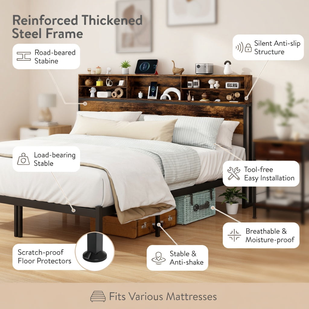 Demi Bonn King Size Bed Frame with Wooden Headboard and Footboard, Industrial Metal Platform Bed Frame with Under Bed Storage, No Box Spring Needed, Brown