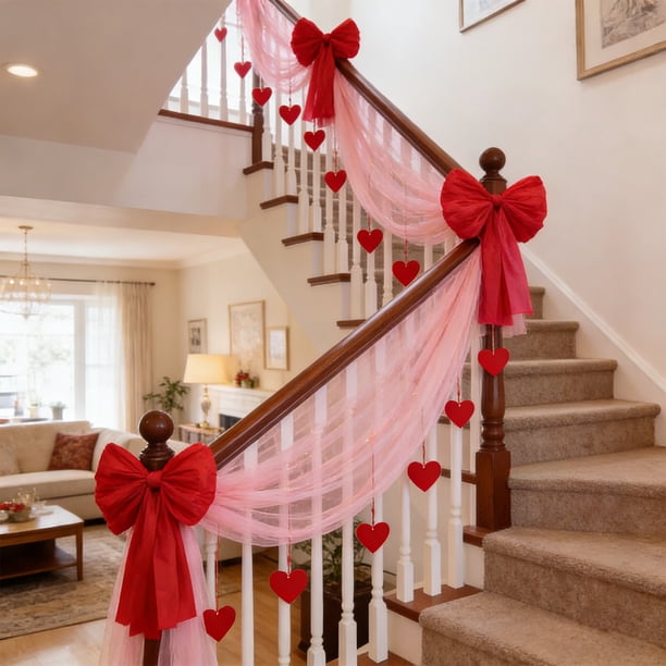 Lazo gigante de San Valentín para decorar paredes, puertas y ventanas | Grandes decoraciones románticas para fiestas, interiores y exteriores | Kit de decoración con lazo rosa y rojo DIY