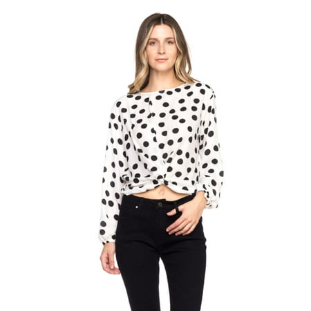 OFASHIONUSA Women's Polka Dot Long Sleeve Round Neckline Back Self Tie Blouse Shirt Top