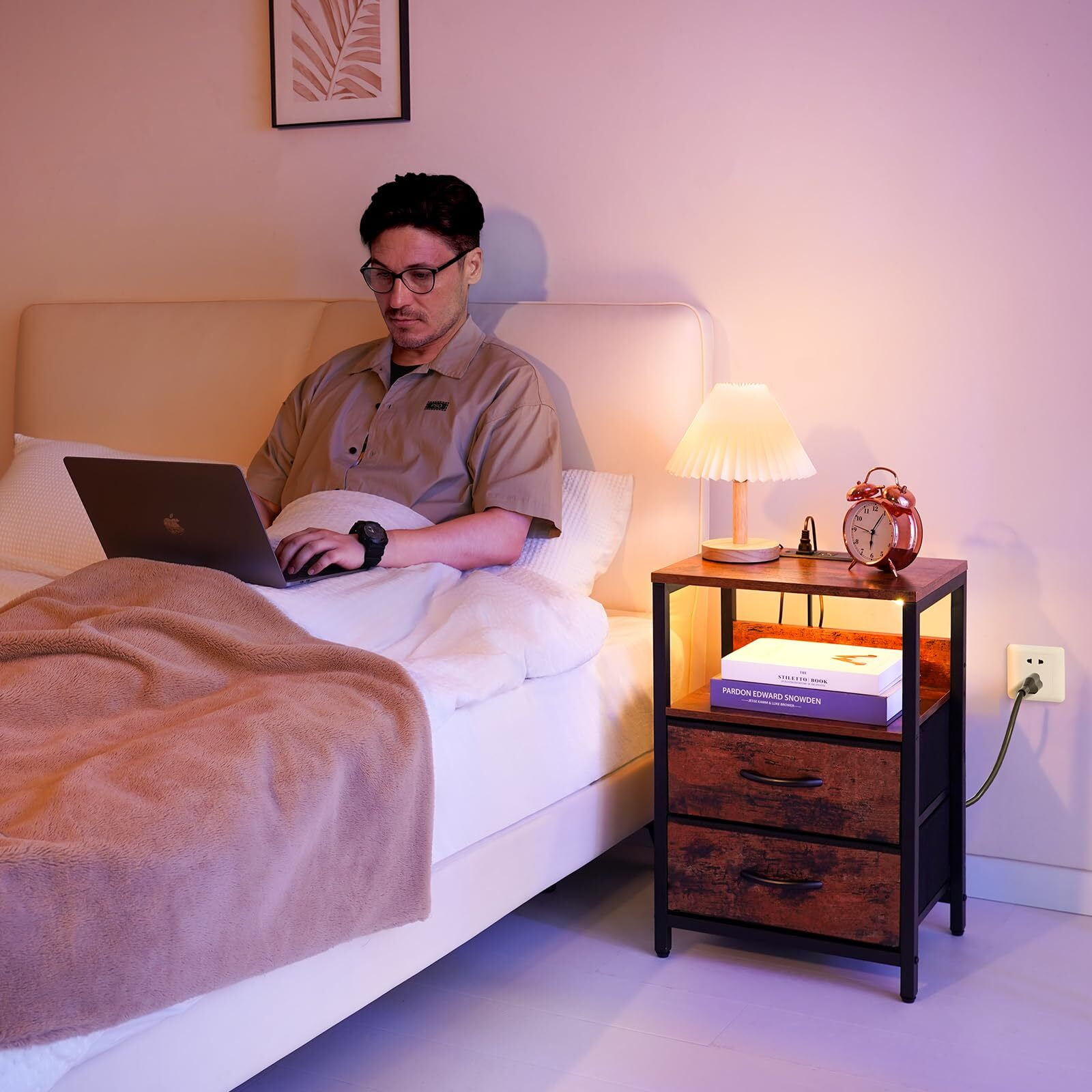 Nightstand with Charging Station, Small Night Stand Fabric Drawers and Storage Shelf for Bedrooms, Nightstands Spaces, Bedside Table USB Ports & Outlets, Brown