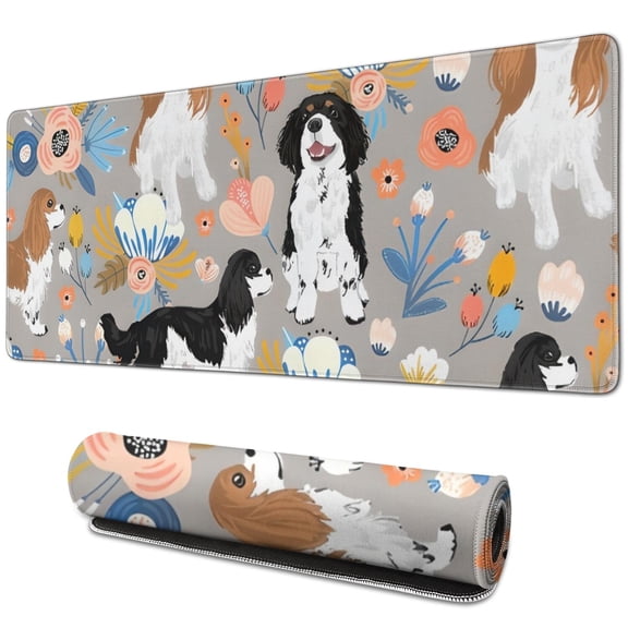 Long Mouse Pads for Desk,Cavalier King Charles Spaniel Dog and Flower Desk Mats on Top Of Desks, Desk Mouse Pad Extra Large with 3mm Non-Slip Base and Stitched Edge for Gaming,Work,Home 31.5"x11.8"