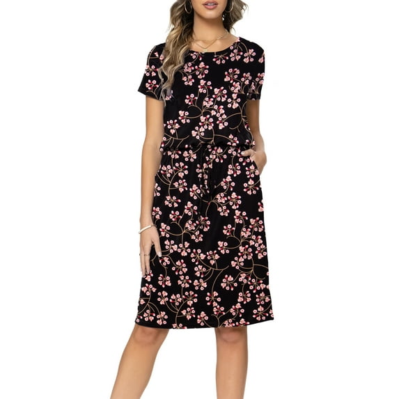 CALIPESSA Women Summer Black Flower Print Casual Hide Belly Drawstring Knee Length Dress