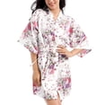 thumbnail image 4 of Defitshape Women's Satin Kimono Robe Lightweight Silk V Neck Pattern Dressing Gown Floral Print Bathrobe Short Belted Spa Sleepwear Bridal Bride 3/4 Sleeve White XX-Large, 4 of 5