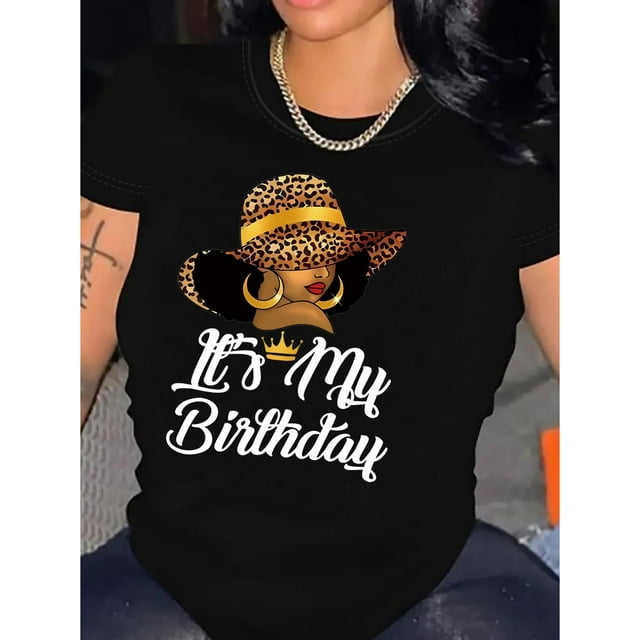 Camiseta informal de cuello redondo con estampado de cumpleaños. Manga corta. Ropa de mujer para primavera y verano. Camiseta deportiva informal.