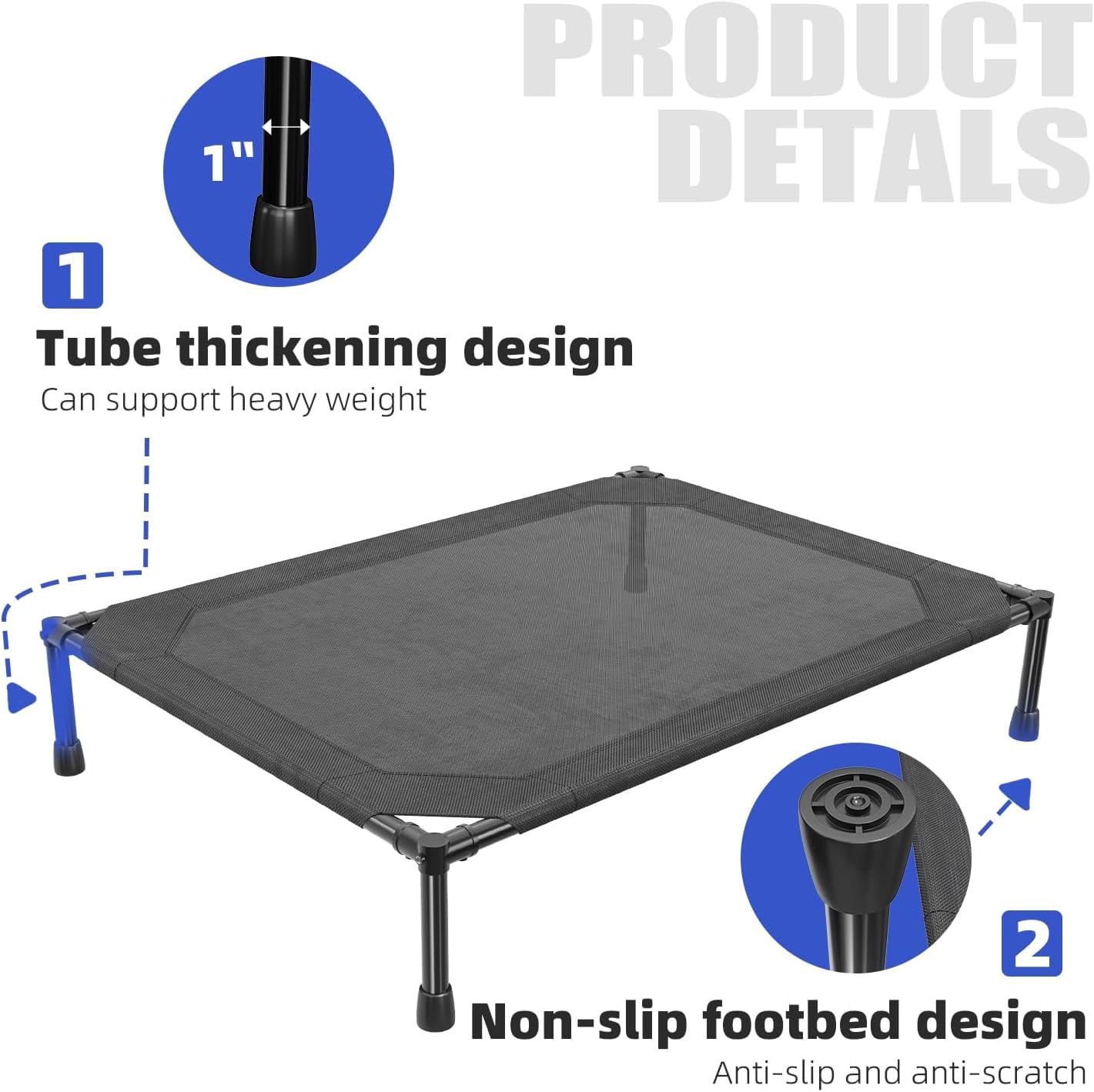General Elevated Dog Bed for Large Dogs, Waterproof Raised Dog Cot with Washable Mesh, Cooling Breathable Pet Bed for Outdoor, 42" x 31", Black