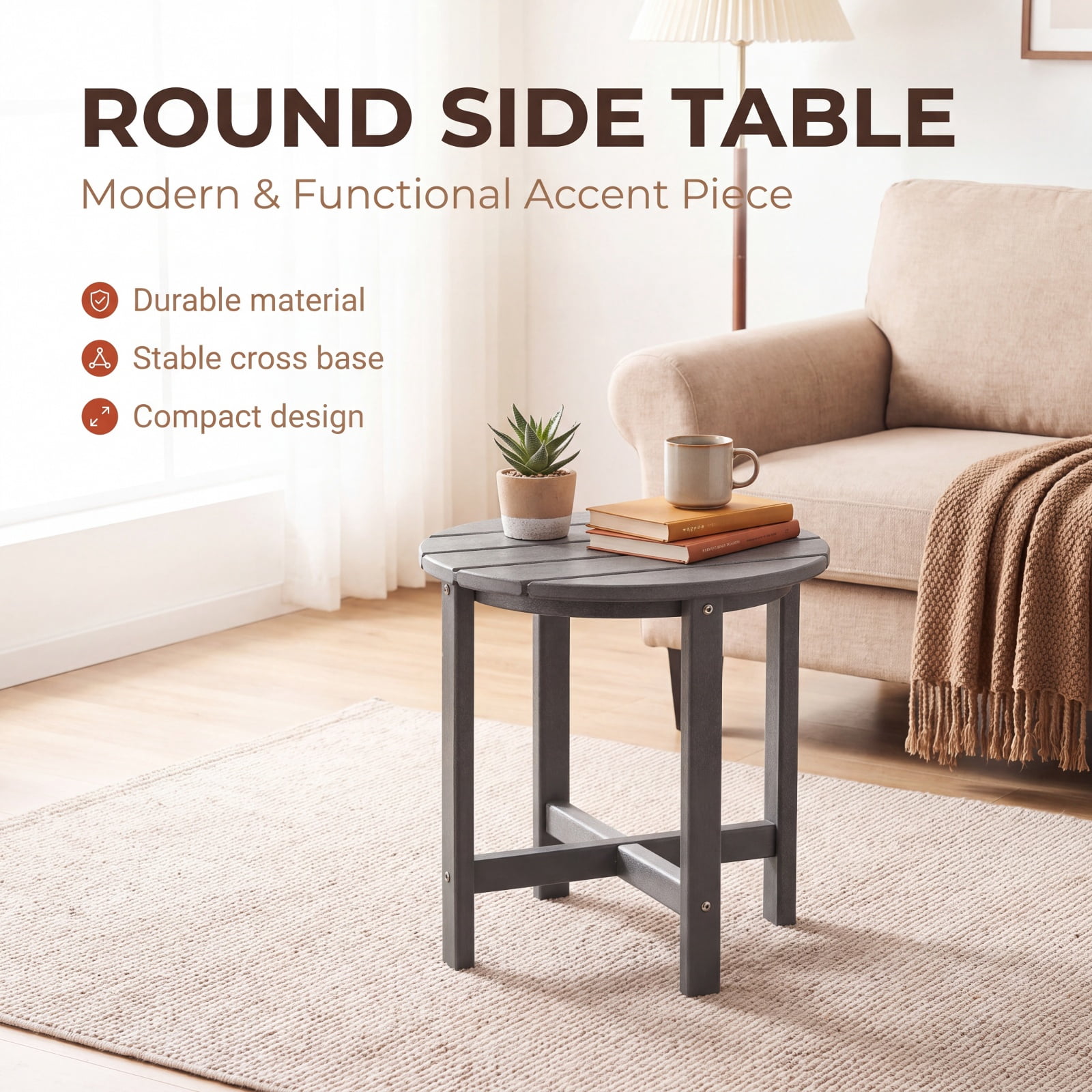 Furnibear 18 Inch Round Weather Resistant Adirondack Outdoor Side Table with Slatted Top for Patio Deck and Garden Seating, Gray