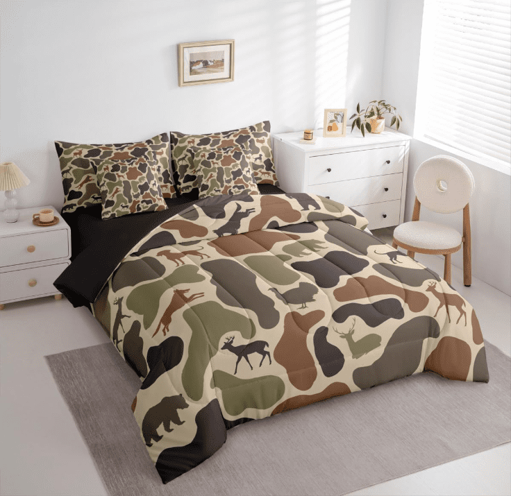 Manfei Deer Bear Camo 7pcs Queen Bedding Set - Brown Vintage Hunting Animal Style