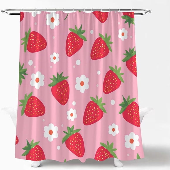 Lovely Strawberry Shower Curtain Pink White Floral Red Strawberry Green Leaf Summer Fruit Modern Simple Summer Funny Fruit Aesthetic Girly Fabric Bath Curtain with Hook