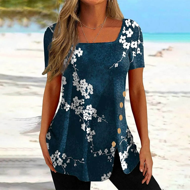 Scyoekwg Womens Tops Dressy Casual Short Sleeve T Shirts Loose Lightweight  Tops Summer Floral Printed Comfy Casual Tunic Tops Round Neck Trendy Short
