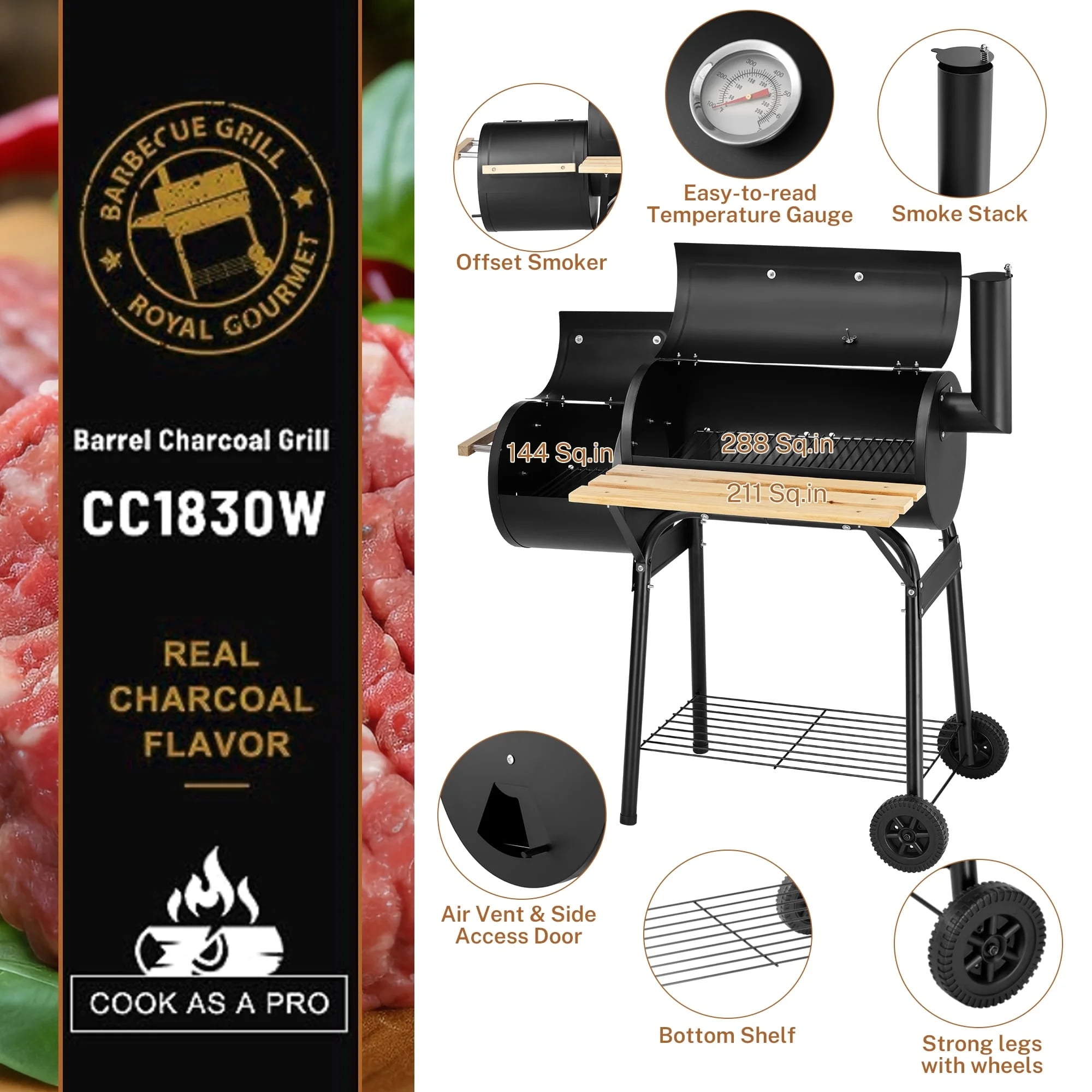 Charcoal BBQ Grills, 30'' Portable Barrel Charcoal Grill Smoker, Outdoor Stainless Steel BBQ Grill Cooking with Temperature Gauge, Metal Grates and 2 wheels for Patio, Porch, Picnic, SS1048