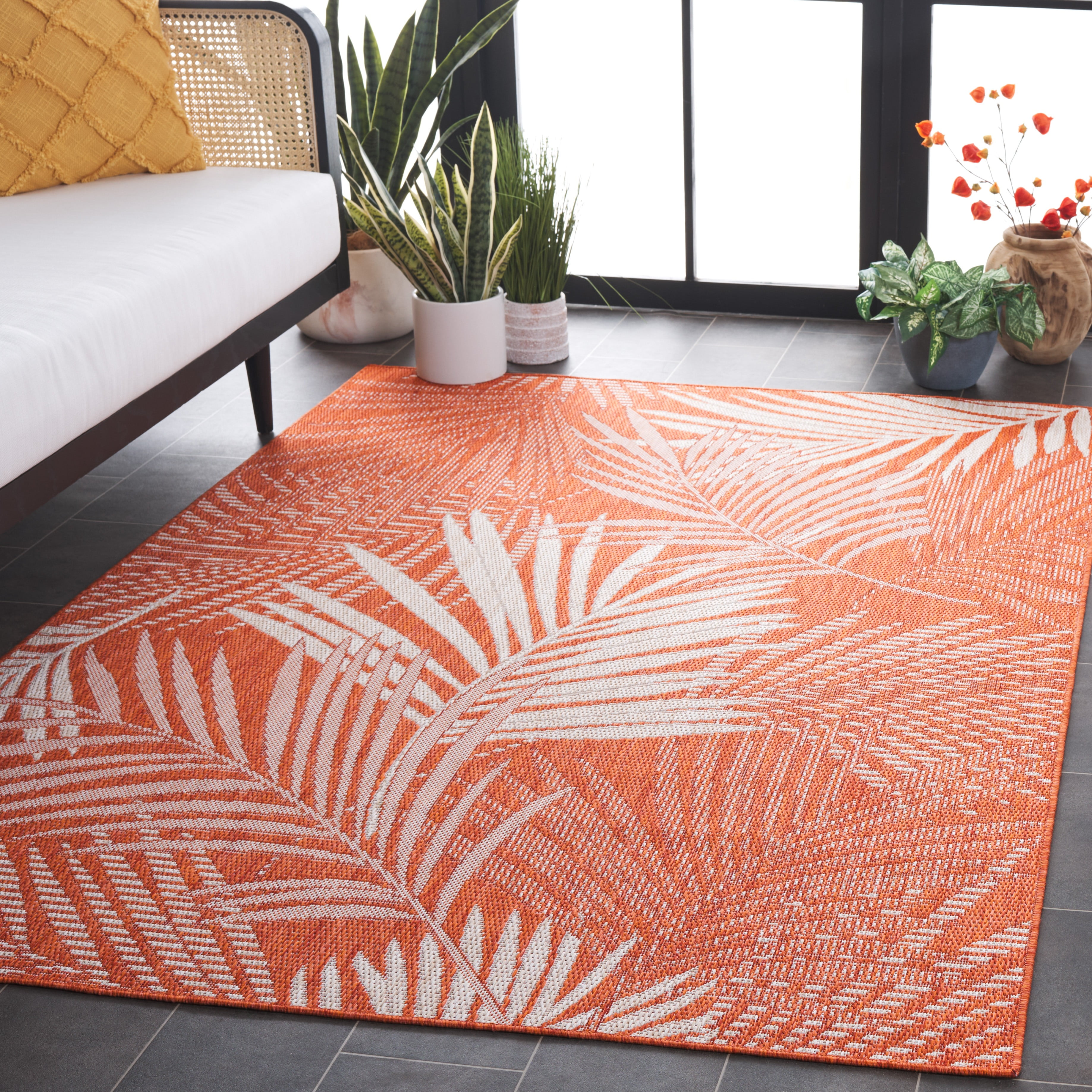 SAFAVIEH Beach House Declan Botanical Indoor/Outdoor Area Rug, Orange/Ivory, 9' x 12'