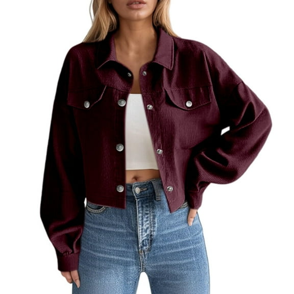 Bovxnpu Womens Cropped Corduroy Shackets Button Down Jackets Tops Fall Trendy Long Sleeve Shirts Women's Outerwear Solid Color Cardigan Top Jacket