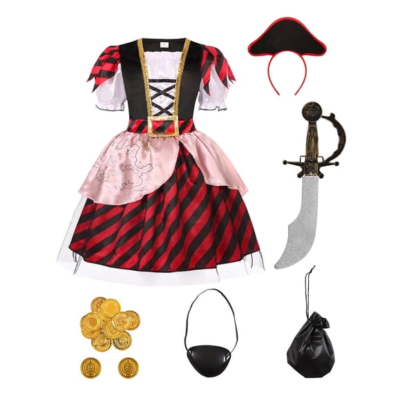 Pirate Cosplay, Pirate Costume, Pirate Outfit, Pirate Roleplay, Pirate Cos, Gi'Rls Deluxe Pirate Princess Costume Buccaneer Costume Set for Halloween Party Dress Up-Top Pants Hat 5 Pc Props, Pink L