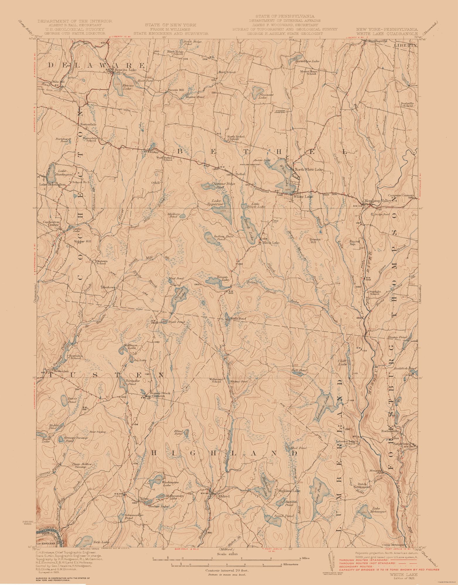 Topo Map White Lake New York Quad USGS 1922 23.00 x 29.42 Matte
