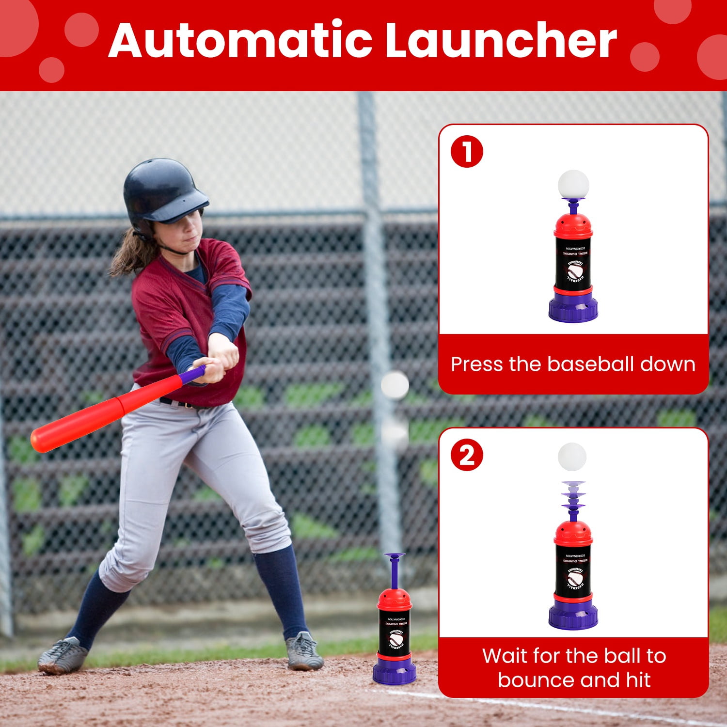 Imountek 3 in 1 Baseball Toy Set for Toddlers & Kids Ages 3-5, Tee Ball Stand Hanging Tee Automatic Ball Launcher with Adjustable Height for Indoor Outdoor Sports
