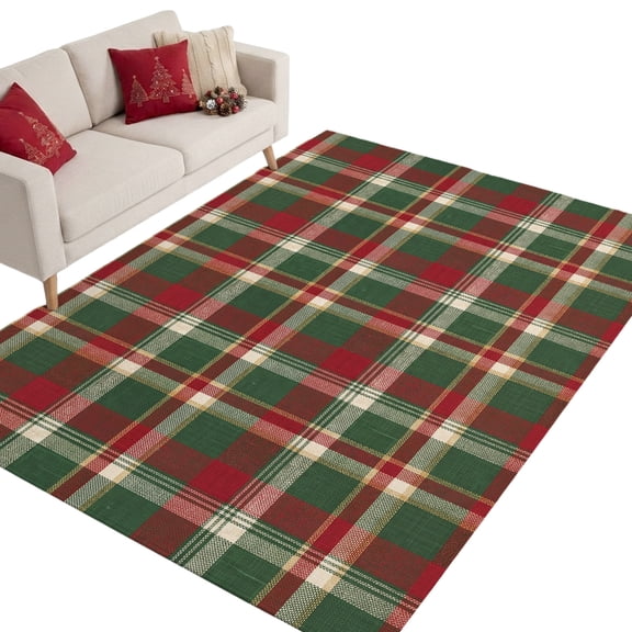 Area Rug 5x8ft, Christmas Tartan Green Red Washable Rugs for Living Room Bedroom, Xmas Buffalo Plaid Soft Non-slip Area Rugs Rectangle Floor Carpet for Dining Room
