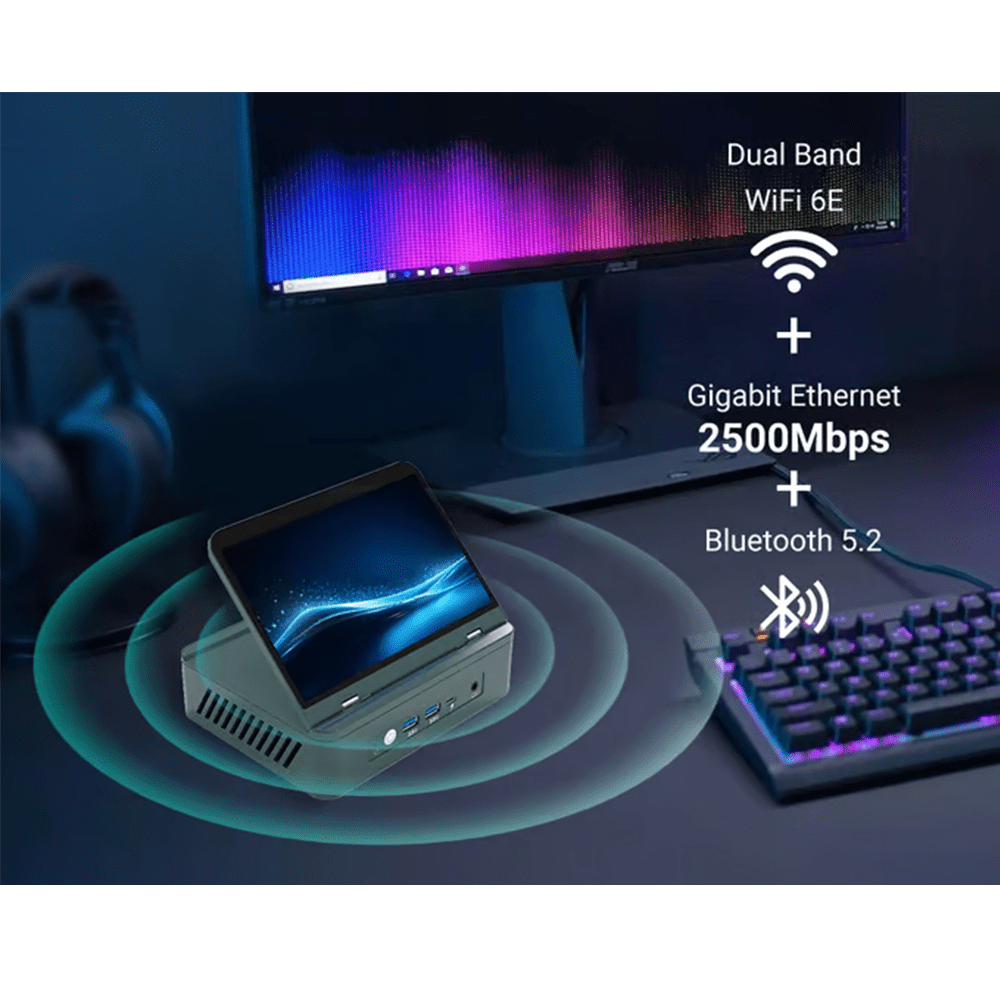 PTZZHEDM Mini PC AMD Ryzen 9 6900HX, 32GB DDR5,2048GB M.2 SSD,7" Auto-Rotating Touchscreen, 4K 144Hz Support, WiFi,Bluetooth