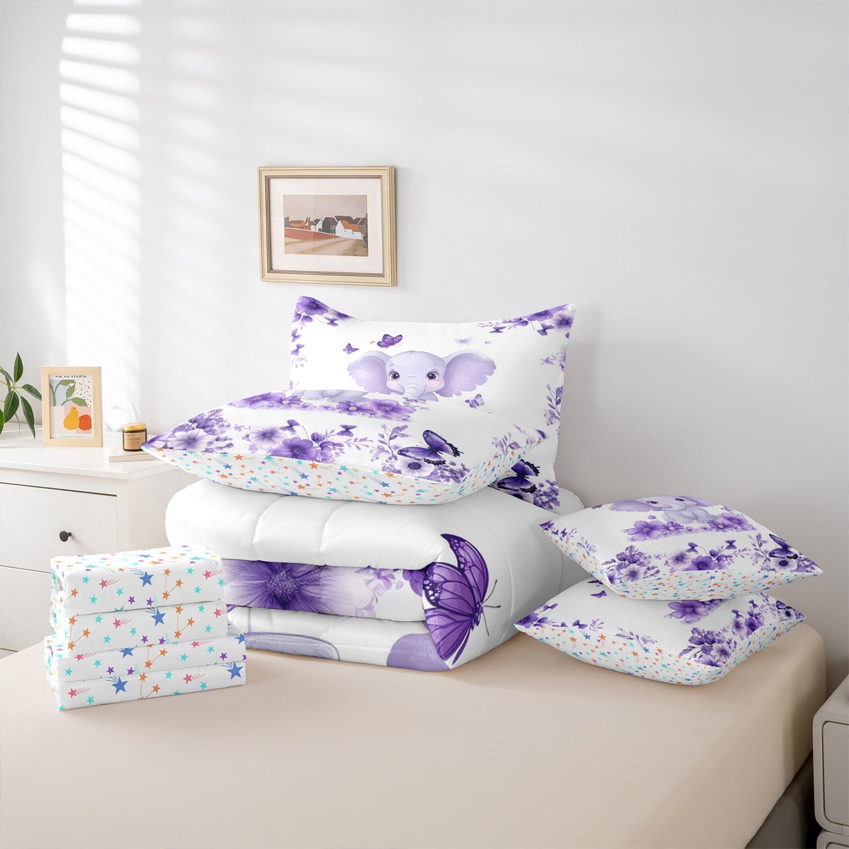 jejeloiu Cute Elephant Bedding Comforter Set 7pcs,Zoo Animal Queen Bedding Sets,Purple Flower Butterflies Queen Sheet Sets For Boys Girl,Super Cozy Room Decor Reversible