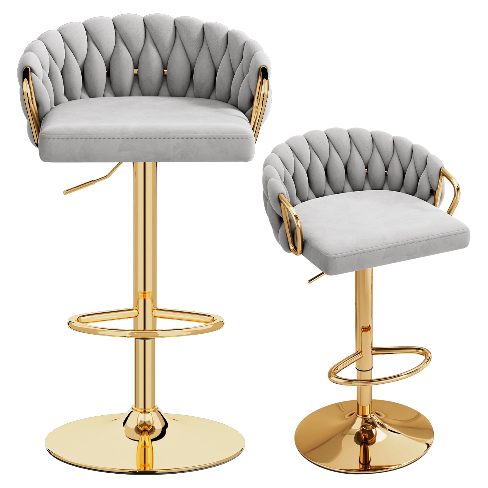 Lessmore Luxury Velvet Swivel Bar Stool Set of 4 - Adjustable Height, Beige, Gold Base