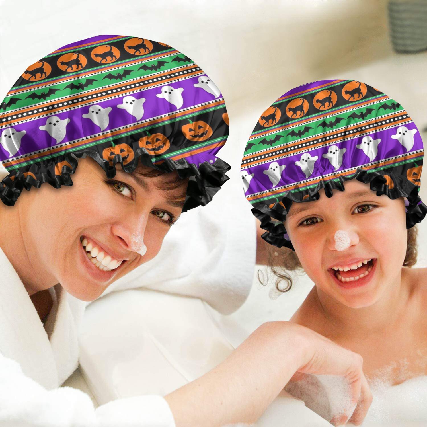 Shower Caps,Halloween Striped Icons Pattern Waterproof Shower Cap for Women 4 Pieces,Double Reusable Hair Cover for Shower PEVA Elastic Stretch Hem