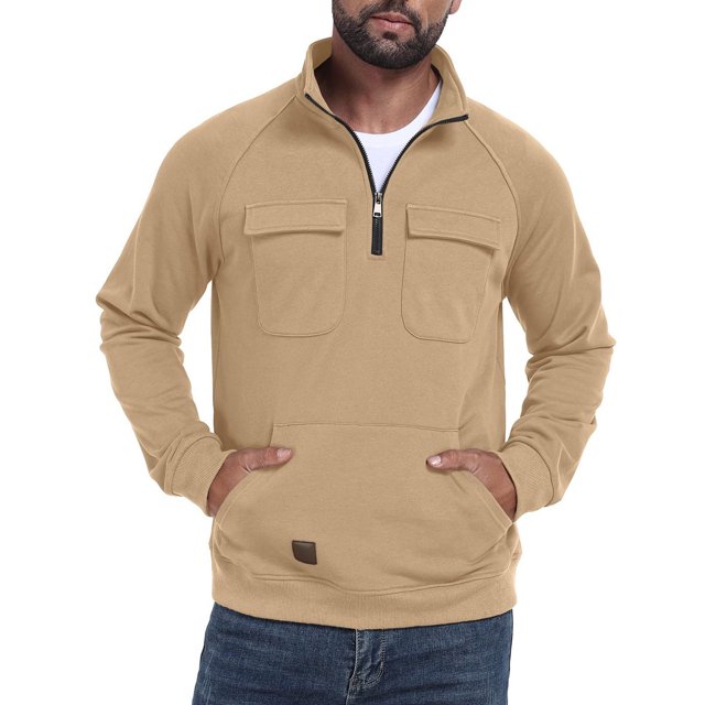 pstuiky manga larga para hombre, Sudadera con cuello alto, manga larga, media cremallera y múltiples bolsillos para hombre, color liso tops de invierno para hombre l