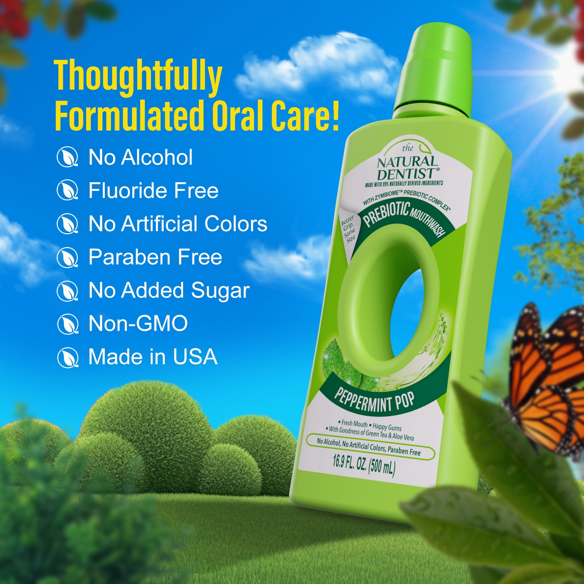 The Natural Dentist Prebiotic  Mouthwash Oral Rinse - Happy Gums -  Peppermint Pop - 16.9 fl oz