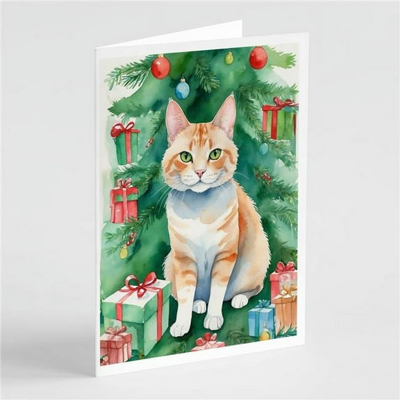 Carolines Treasures DAC7269GCA7P 5 x 7 in. Ural Rex Cat by the Christmas Tree Greeting Cards - Pack of 8